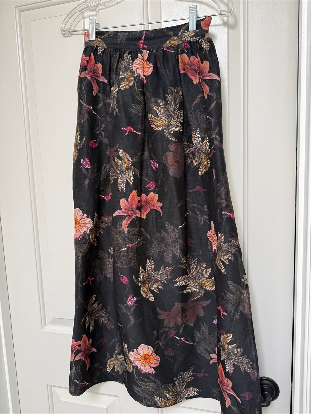 AllSaints Black Midi Skirt with Pink & Gold Floral Print. So pretty for Fall!